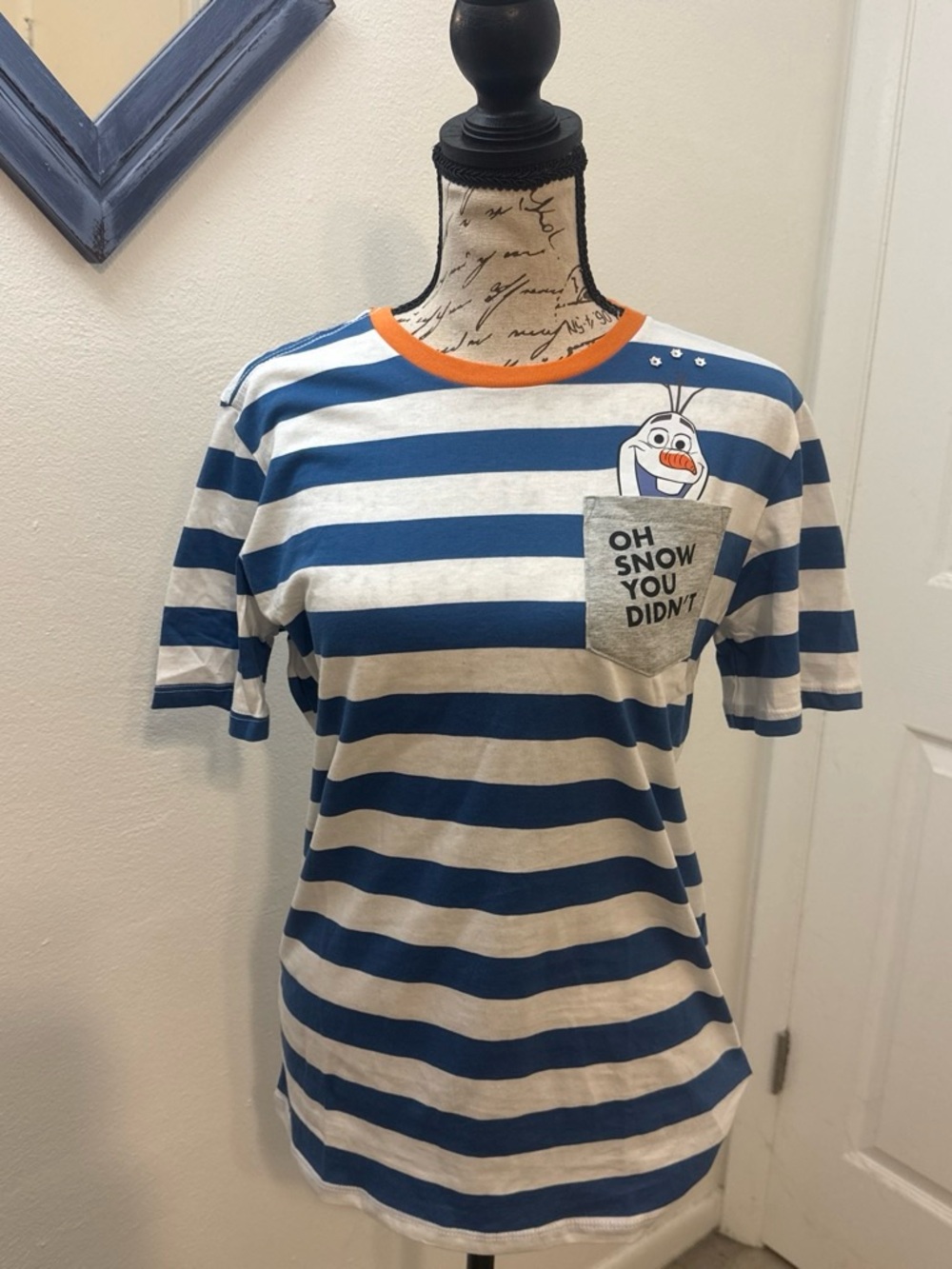 Disney Blue & White Striped Olaf Pocket Kids Tee with Orange Trim